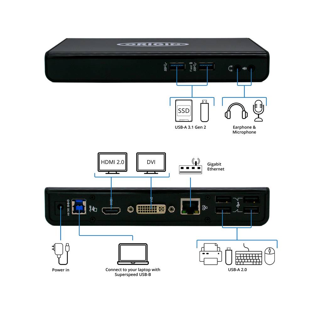 Rca Informatique - image du produit : ORIGIN NOTEBOOK DOCK/PORT REPL DOCK USB 3.0 TYPE-B BLACK