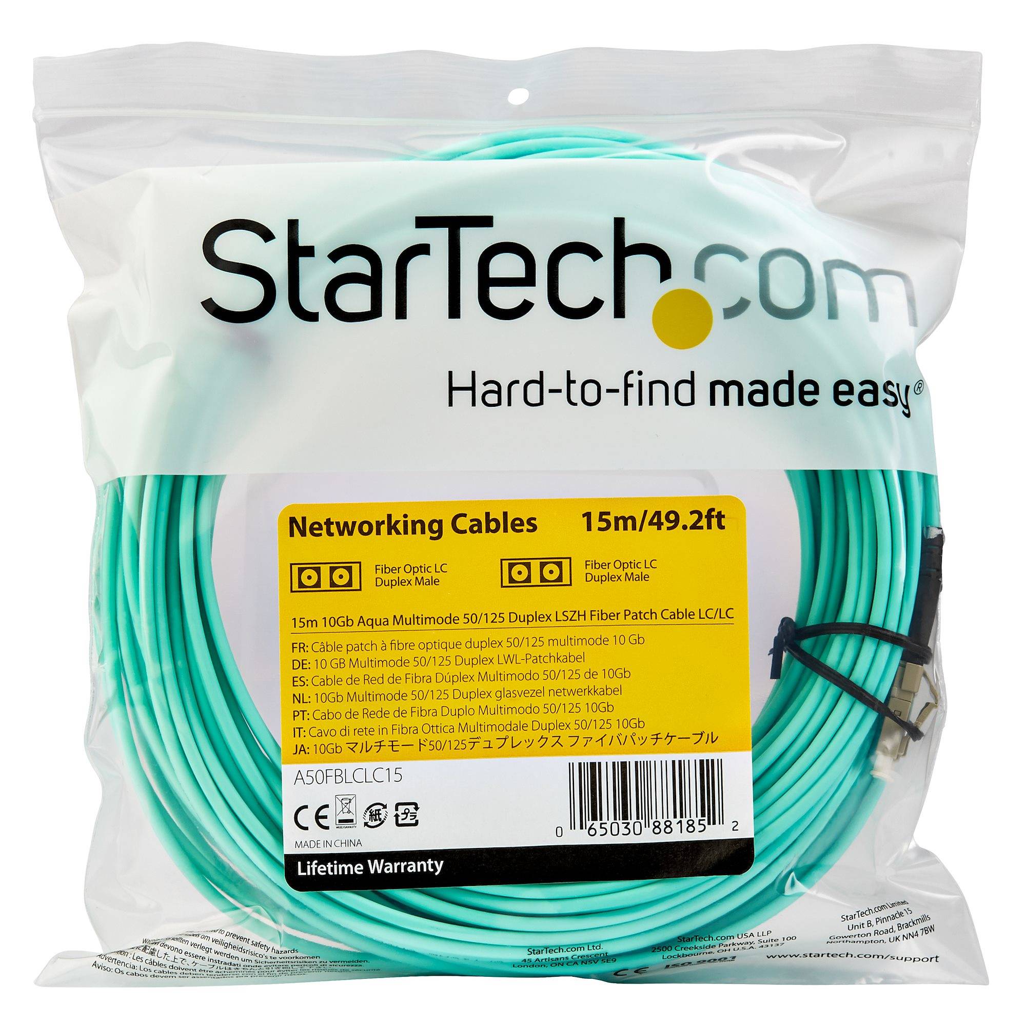 Rca Informatique - image du produit : 15M OM3 FIBER OPTIC PATCH CORD - AQUA - LC/LC - 50/125 - 10GB