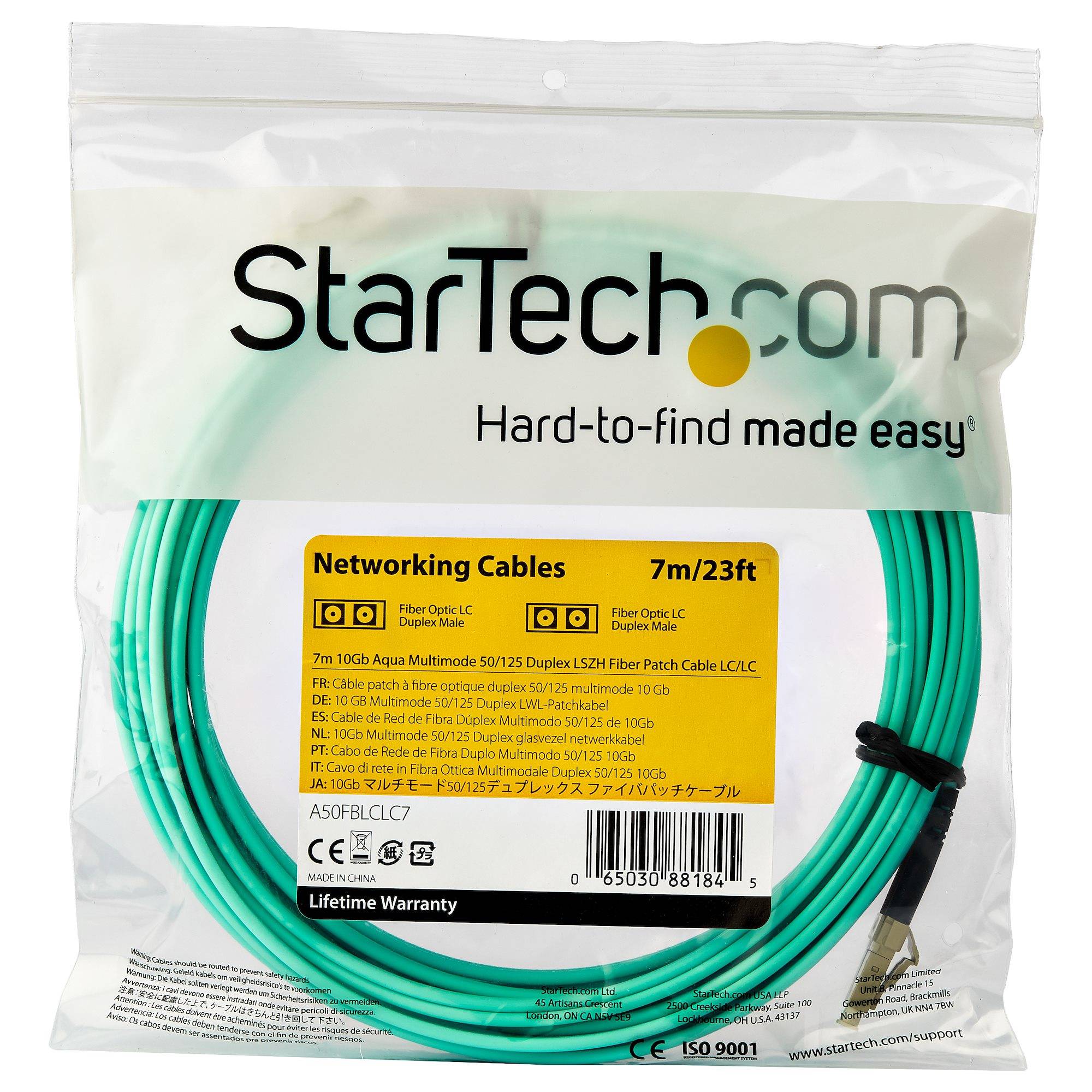 Rca Informatique - image du produit : 7M OM3 FIBER OPTIC PATCH CORD - AQUA - LC/LC - 50/125 - 10GB