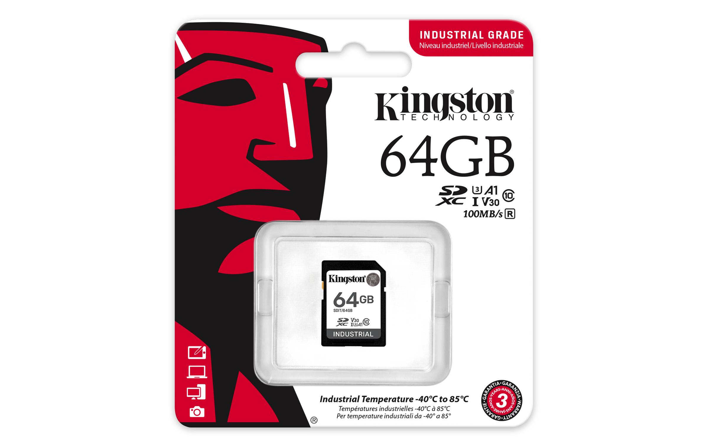 Rca Informatique - image du produit : 64GB SDXC INDUSTRIAL C10 -40C TO 85C UHS-I U3 V30 A1 PSLC