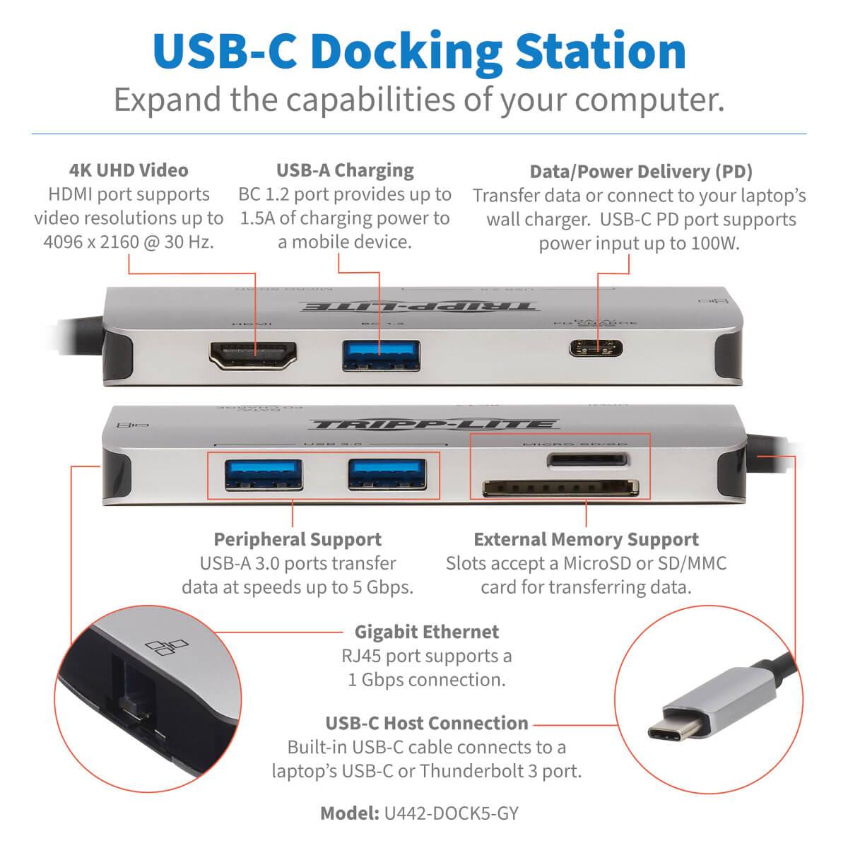 Rca Informatique - image du produit : USB-C PRT DOCK STATION HDMI 4K USB-A/C SD/MIC SD PD CHAR 3.0GRY