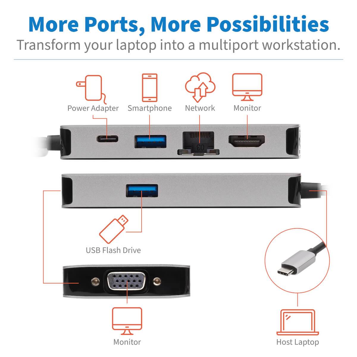 Rca Informatique - image du produit : USB-C PRT DOCK STATION HDMI 4K VGA USB-A/USB-C PD CHARG 3.0 GRY