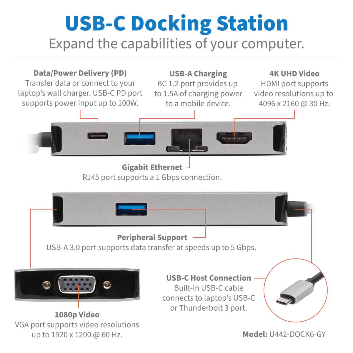 Rca Informatique - image du produit : USB-C PRT DOCK STATION HDMI 4K VGA USB-A/USB-C PD CHARG 3.0 GRY