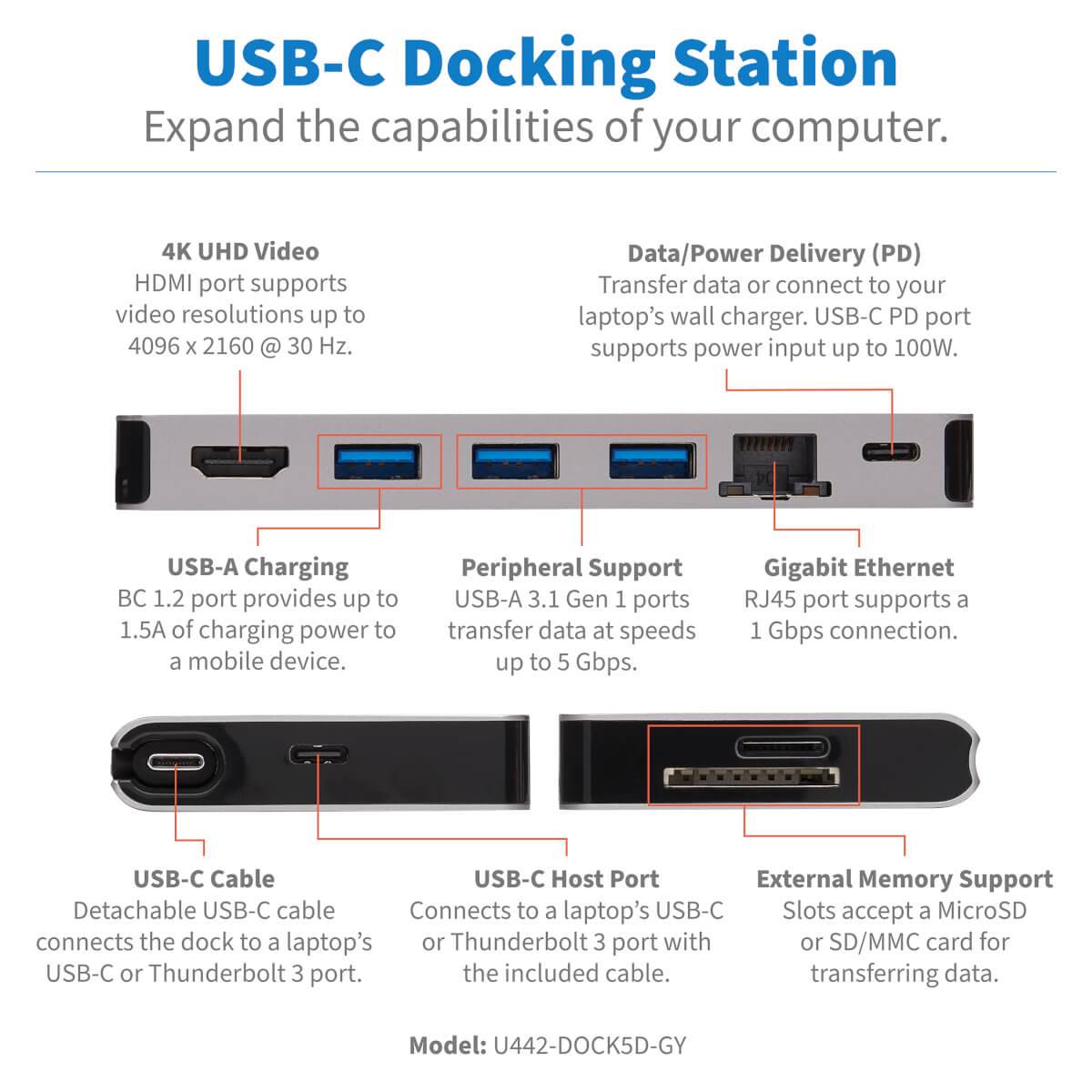 Rca Informatique - image du produit : USB-C DOCKING STATION HDMI 4K USB-A/C PD CHARG 3.0USB-C CBLGRY