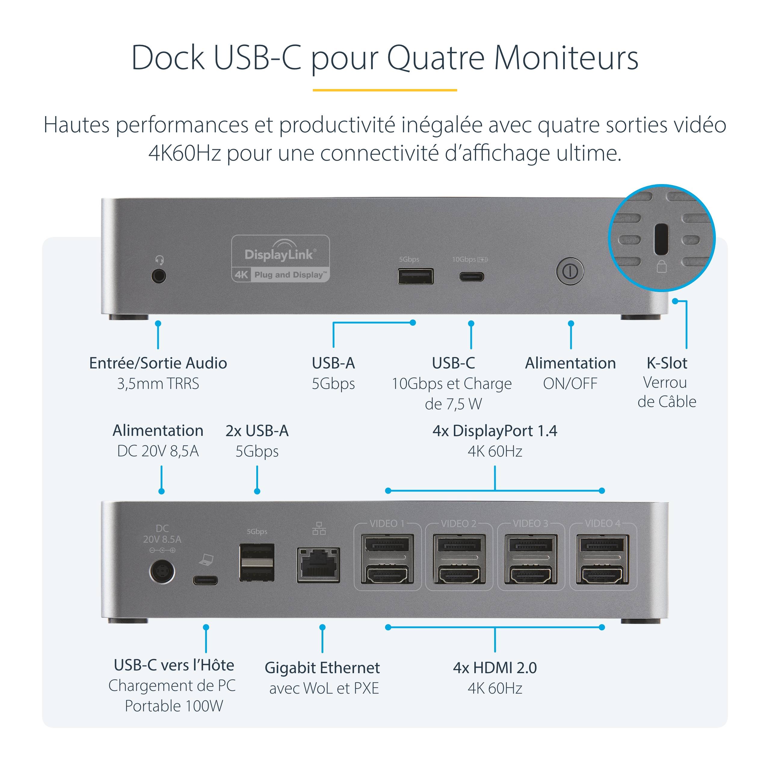 Rca Informatique - image du produit : UNIVERSAL USB-C DOCK QUAD VIDEO QUAD 4K 60HZ DP OR HDMI 100W PD