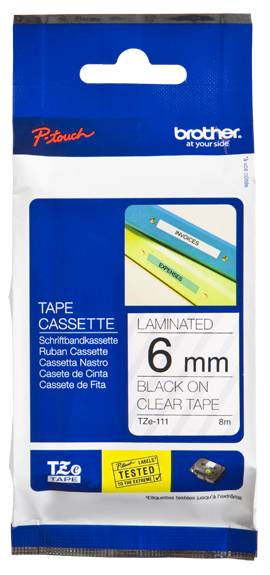 Rca Informatique - image du produit : TZE-111 LAMINATED TAPE 6MM 8M NOIR/TRANSPARENT