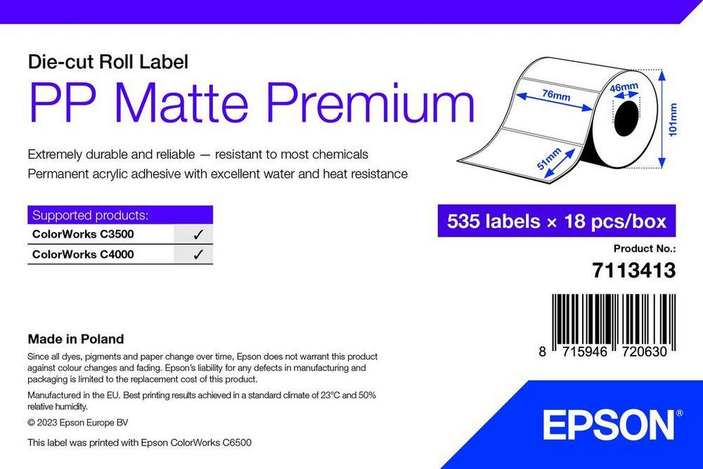 Rca Informatique - image du produit : PP MATTE LABEL PREM DIE-CUT ROLL 76X51MM 535 LABELS