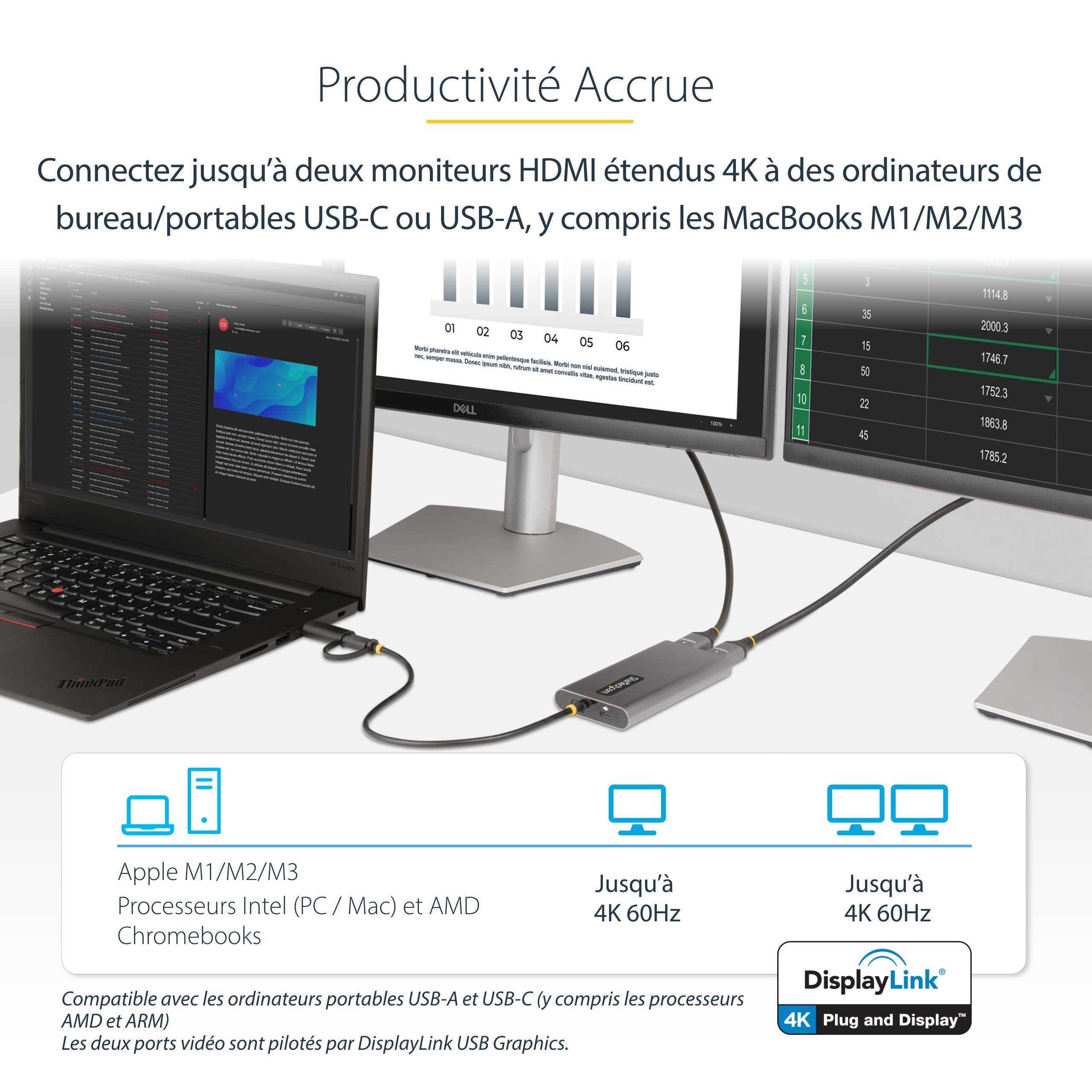 Rca Informatique - image du produit : USB-C TO DUAL-HDMI ADAPTER - USB TO HDMI CONVERTER 4K 60HZ PD