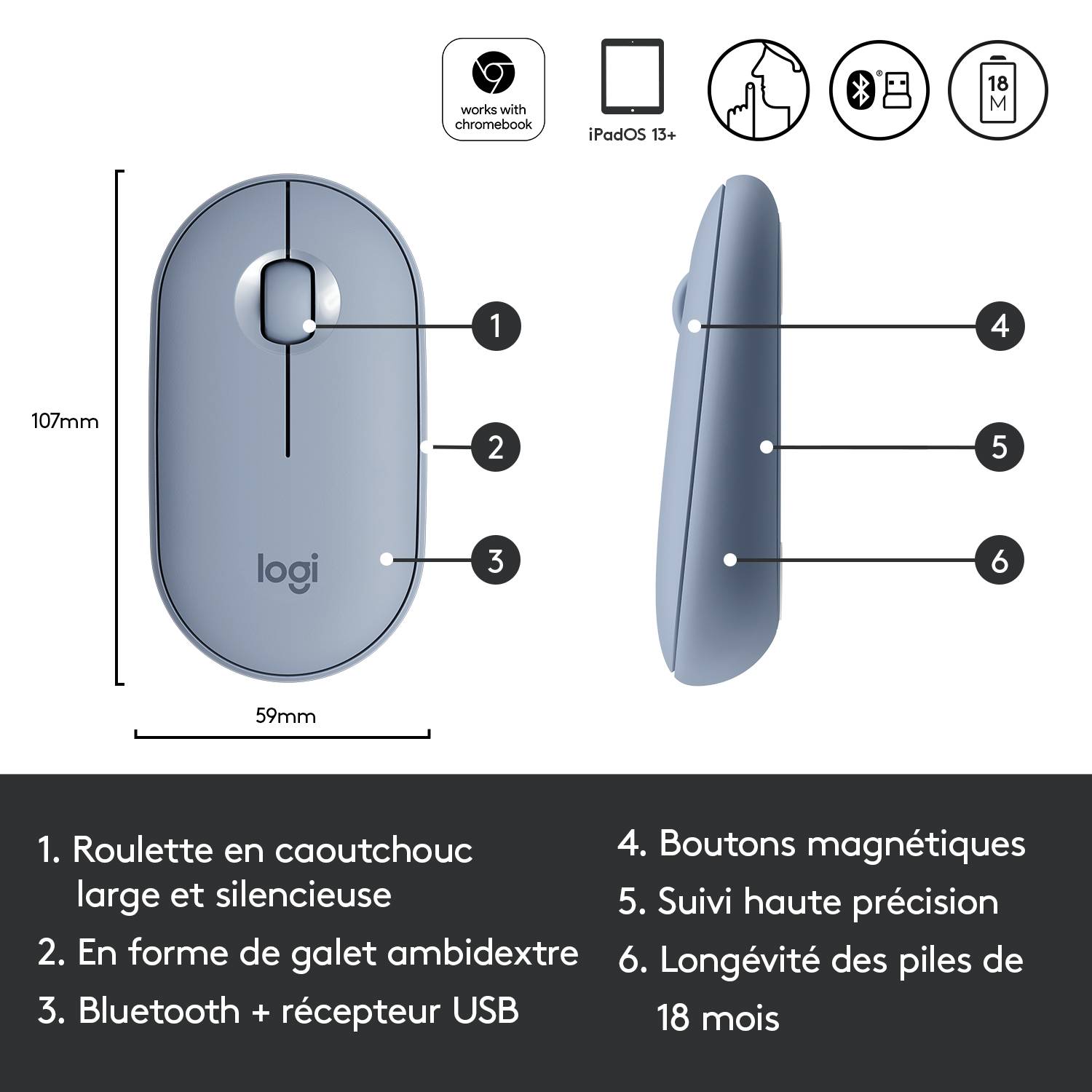 Rca Informatique - image du produit : PEBBLE M350 WIRELESS MOUSE BLUE GREY EMEA