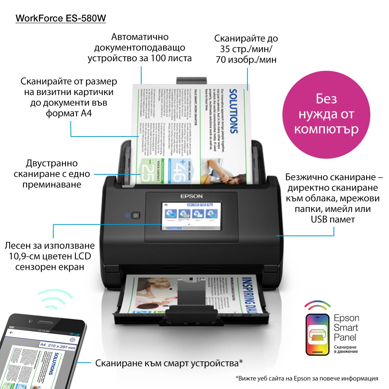 Rca Informatique - image du produit : WORKFORCE ES-580W USB 3.0 FEEDER SCANNER 600DPI 30BIT