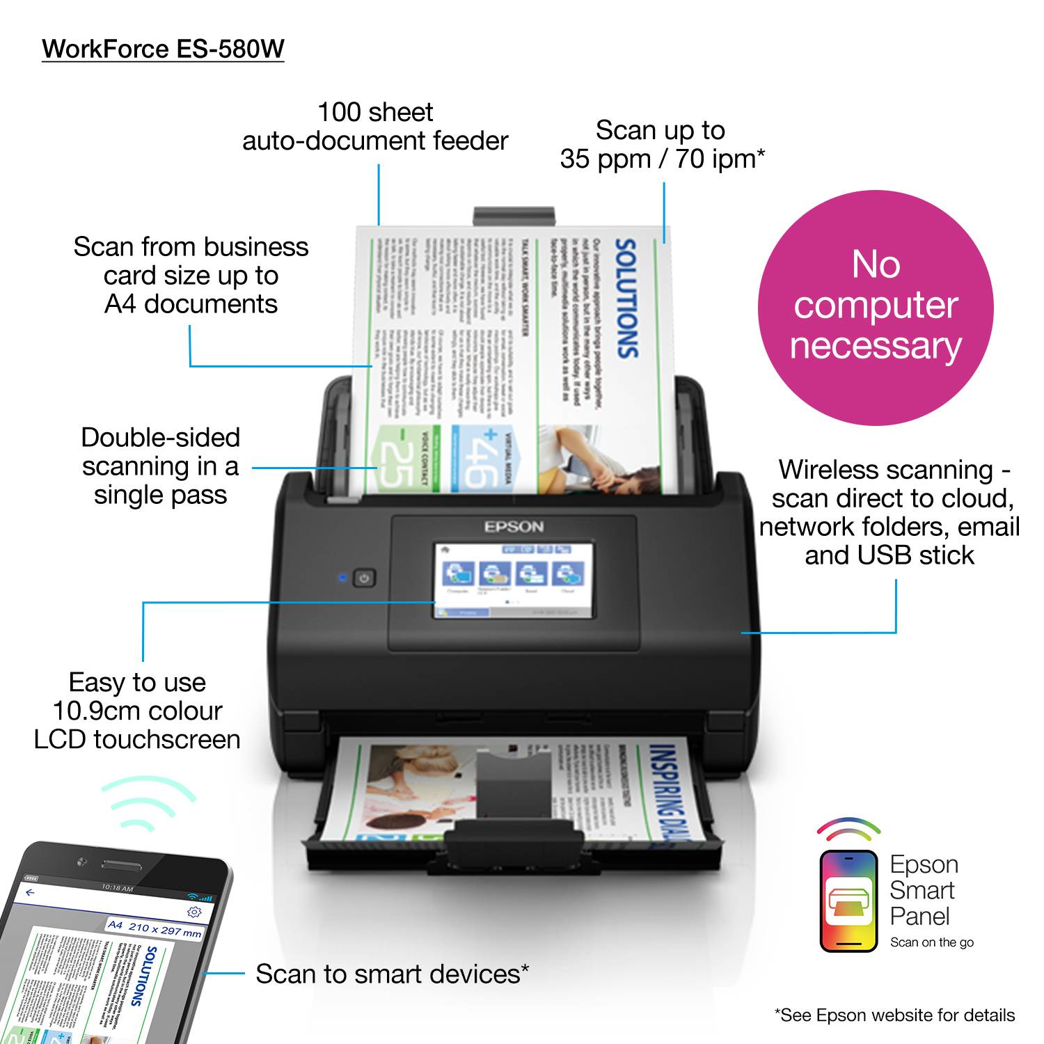 Rca Informatique - image du produit : WORKFORCE ES-580W USB 3.0 FEEDER SCANNER 600DPI 30BIT