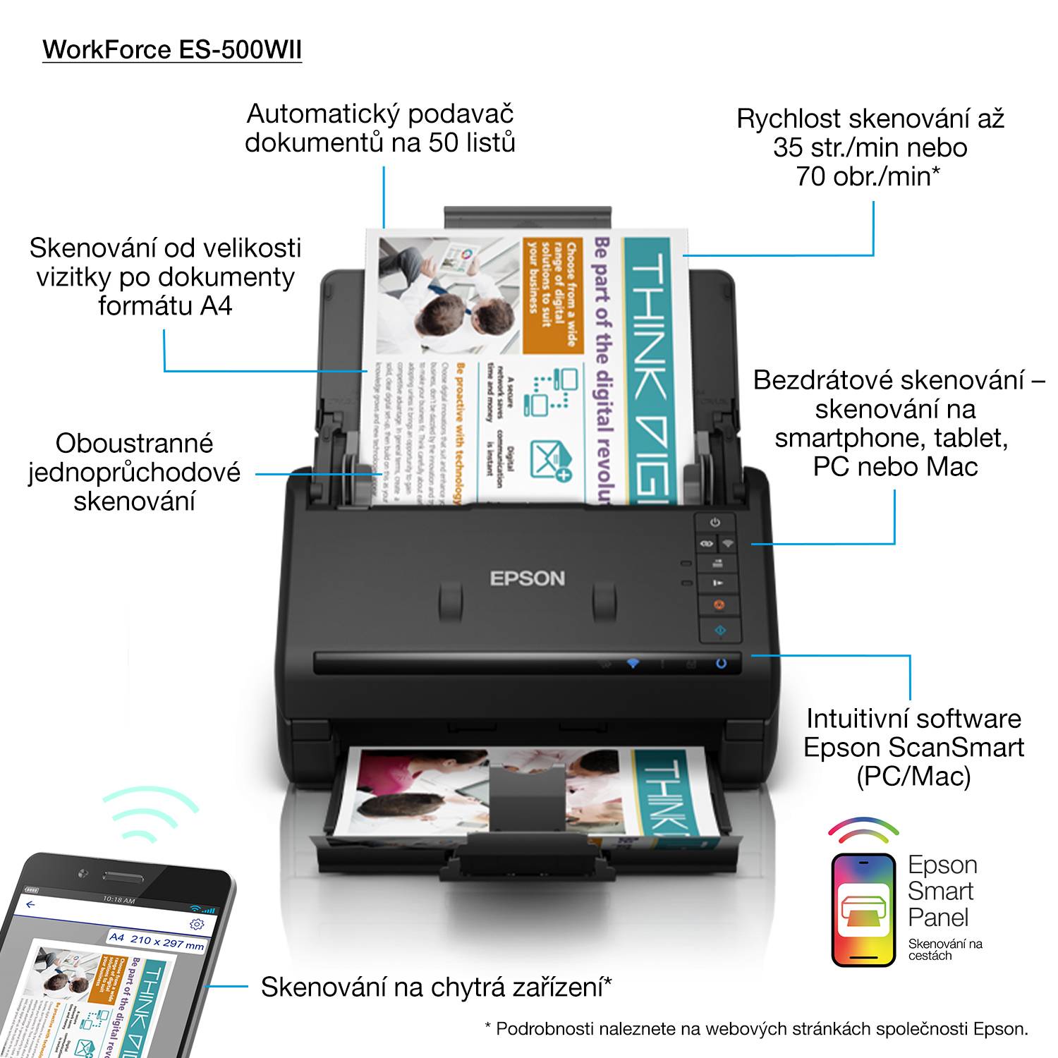 Rca Informatique - image du produit : WORKFORCE ES-500WII A4 WIFI WIF 35 PPM OR 70 IPM 50 A4 SHEETS