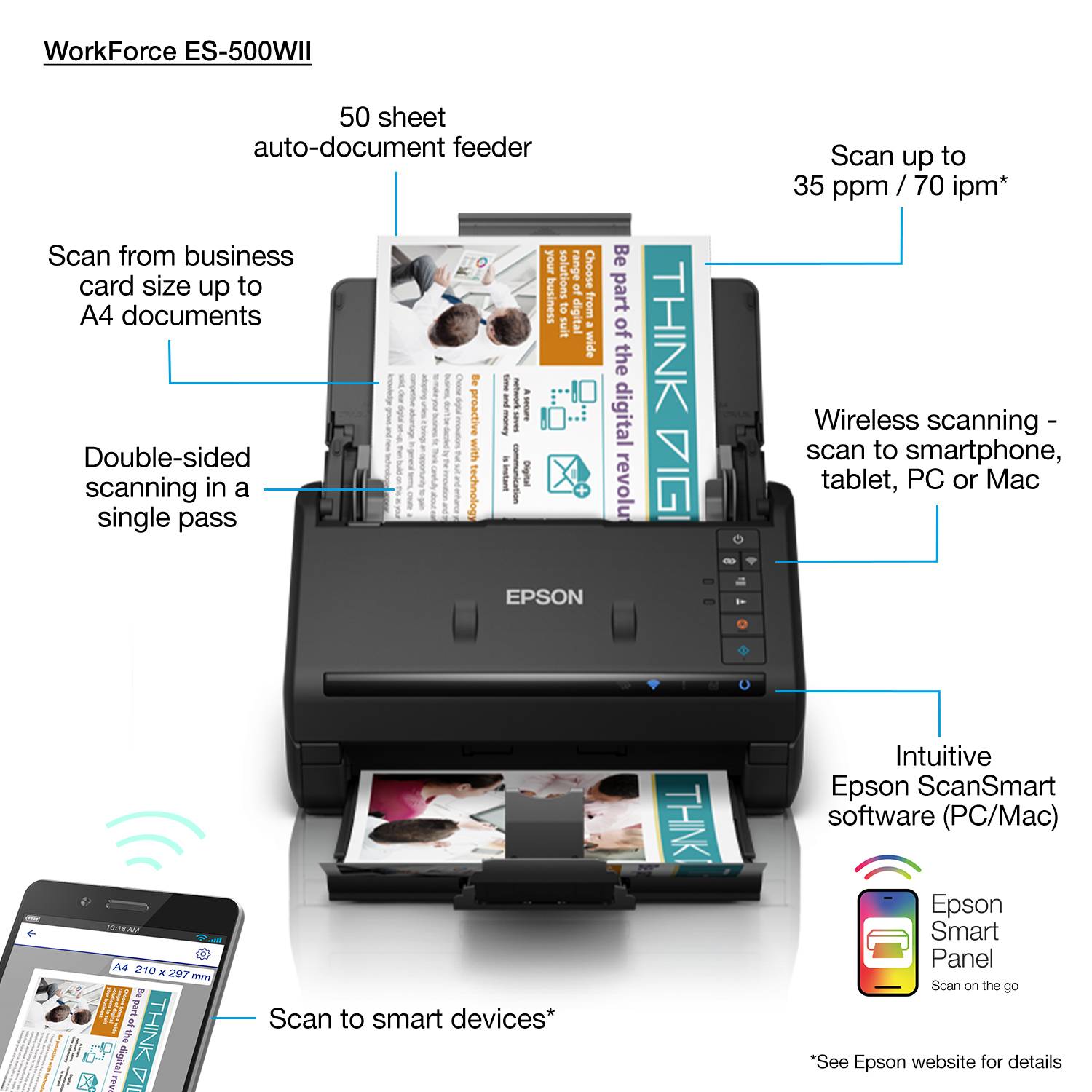 Rca Informatique - image du produit : WORKFORCE ES-500WII A4 WIFI WIF 35 PPM OR 70 IPM 50 A4 SHEETS