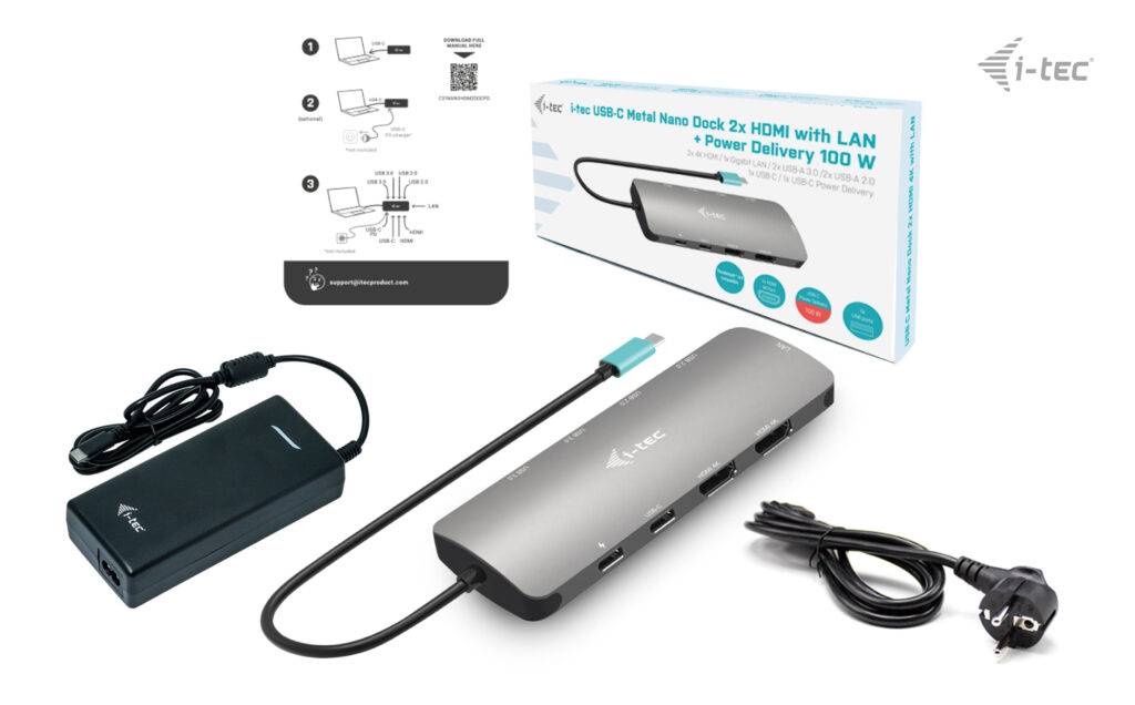 Rca Informatique - image du produit : I-TEC USB-C METAL NANO 2X HDMI DOCKING STATION PD 100W CHARGER