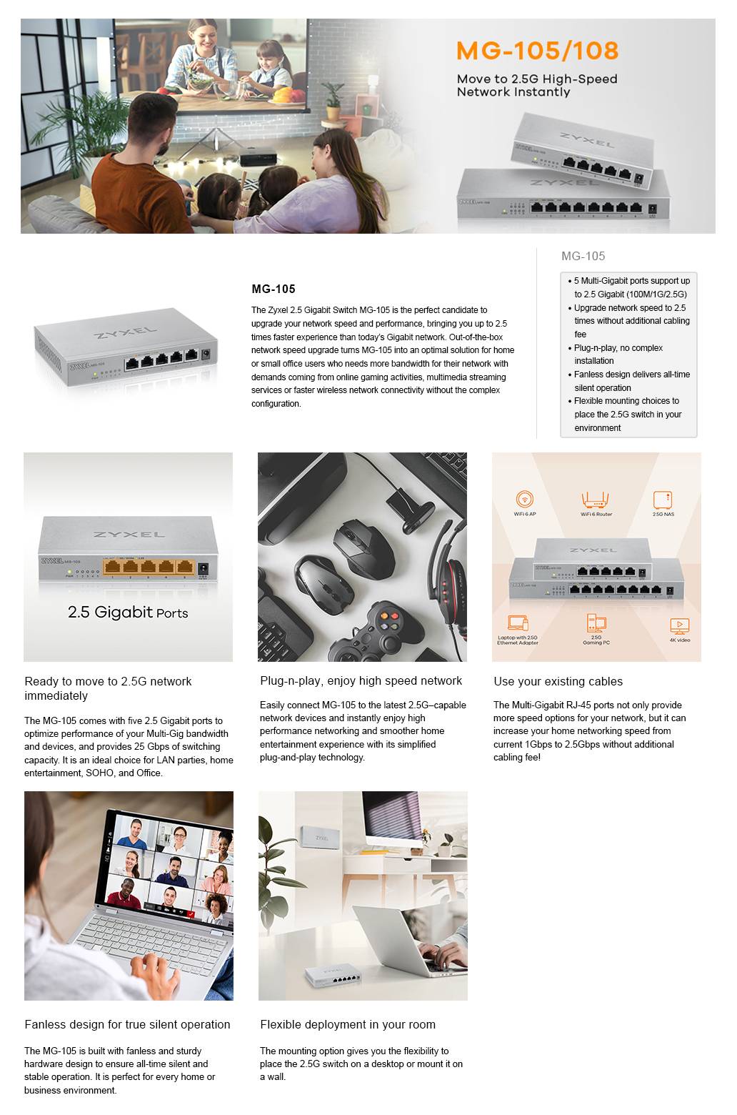 Rca Informatique - image du produit : MG-105 5 PORTS DESKTOP 25G MULTIGIG UNMANAGD DESKTOP SWITCH