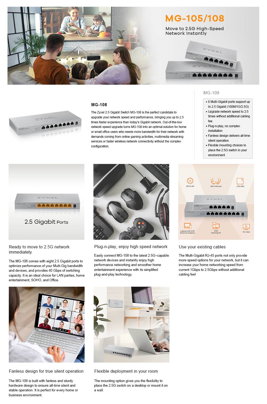 Rca Informatique - image du produit : MG-108 8 PORTS DESKTOP 25G MULTIGIG UNMANAGD DESKTOP SWITCH