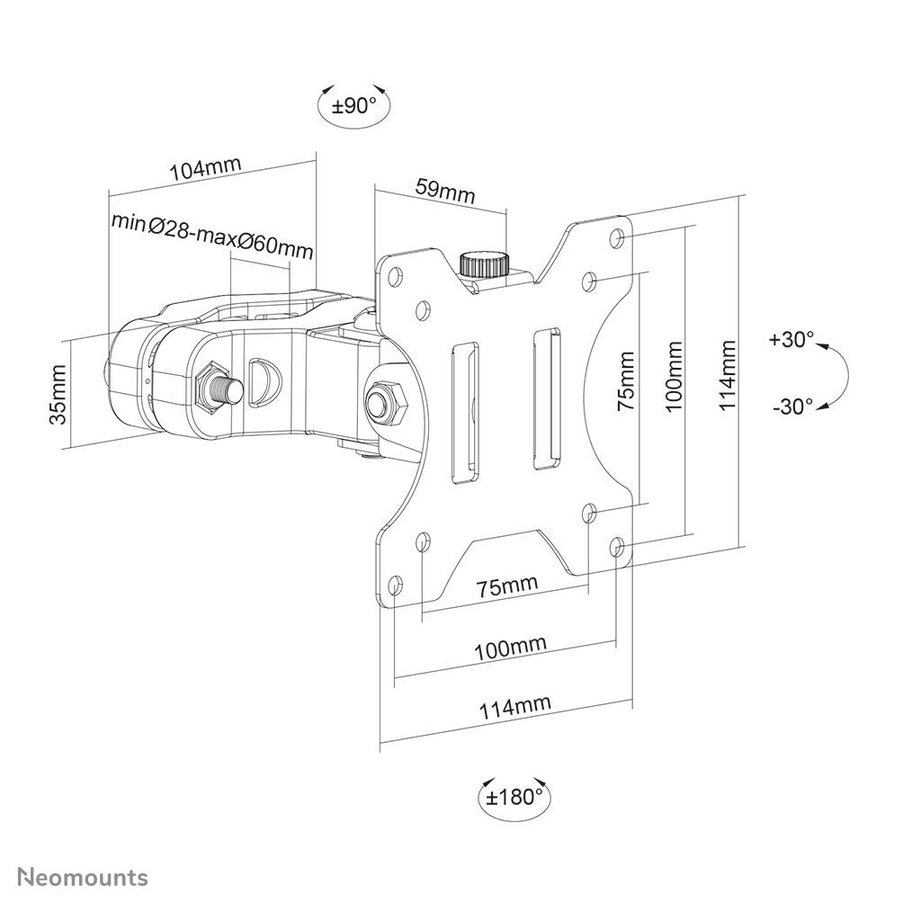 Rca Informatique - image du produit : SCREEN POLE CLAMP/TRUSS MOUNT 1 PIVOT VESA 100X100 (28-60 MM)