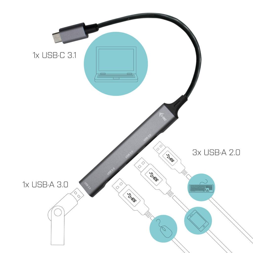 Rca Informatique - image du produit : USB-C METAL HUB 1X USB 3.0 + 3X USB 2.0