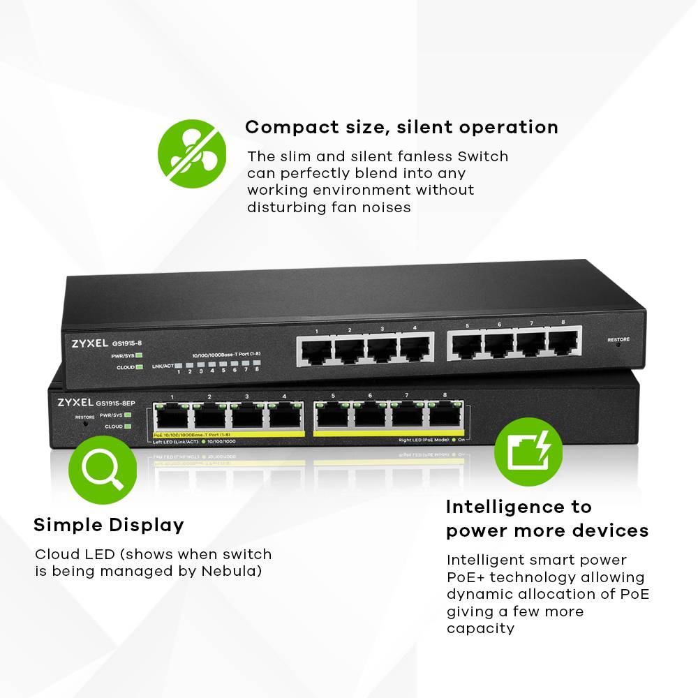 Rca Informatique - image du produit : ZYXEL GS1915-8EP 8-PORT GBE POE SMART HYBRID MODE SWITCH STANDAL