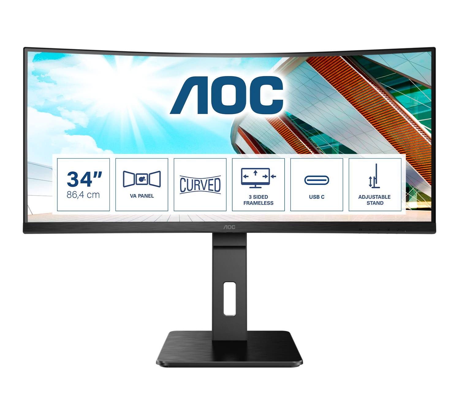 Rca Informatique - Image du produit : CU34P2C 34IN VA CURVED UWQHD/1MS/3440X1440/WID 21/9/USB