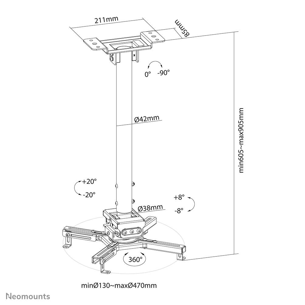 Rca Informatique - image du produit : NEWSTAR PROJECTOR CEILING MOUNT (HEIGHT ADJUSTABLE: 60-90 CM) BL