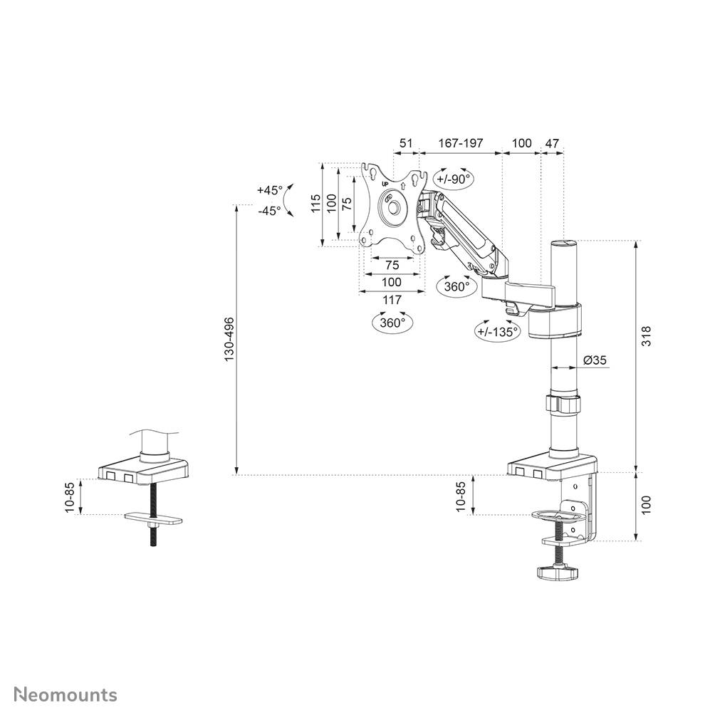 Rca Informatique - image du produit : NEWSTAR DESK POLE MOUNT (CLAMP/GROMMET) BLACK 17-27IN