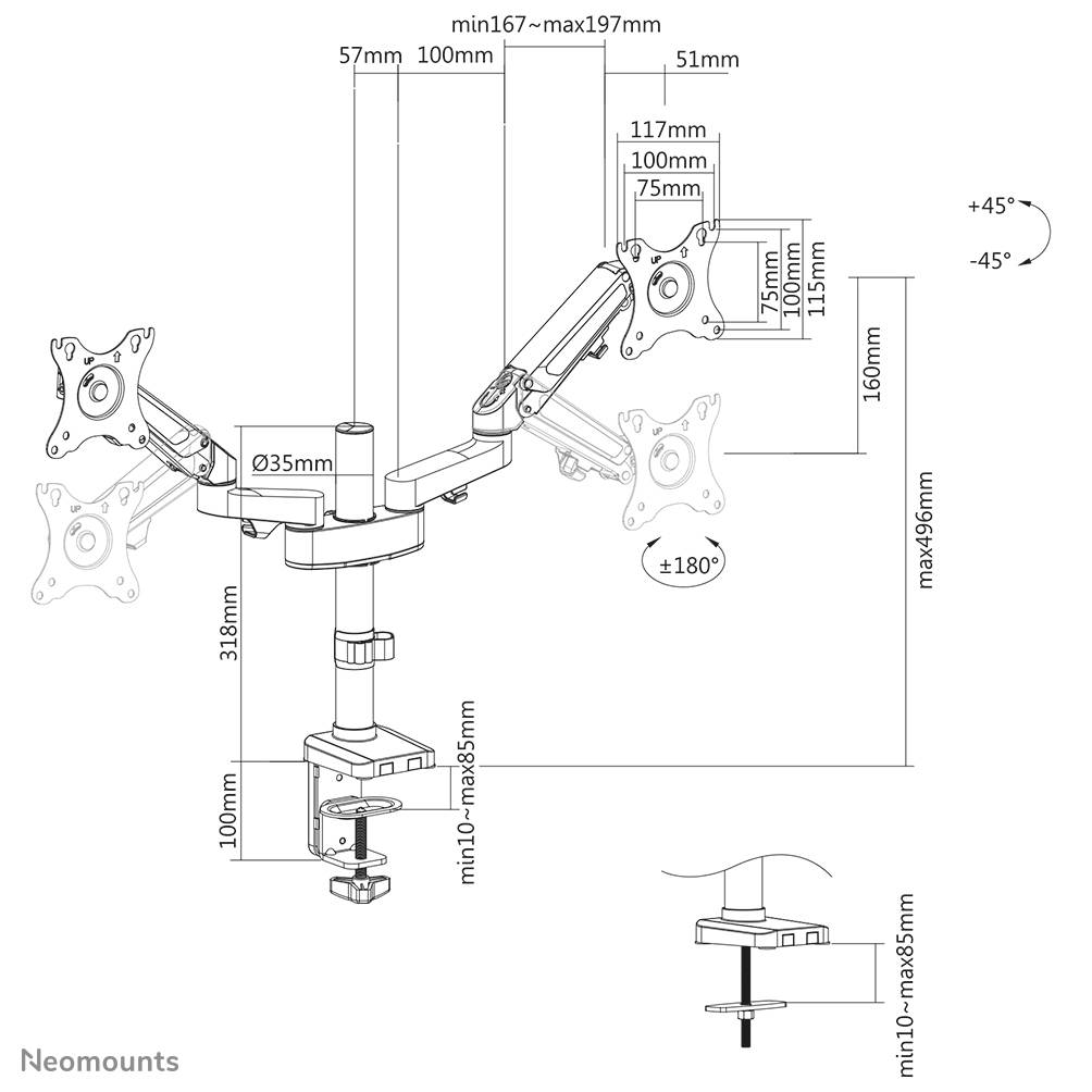 Rca Informatique - image du produit : NEWSTAR DESK POLE MOUNT (CLAMP/GROMMET) BLACK 17-27IN