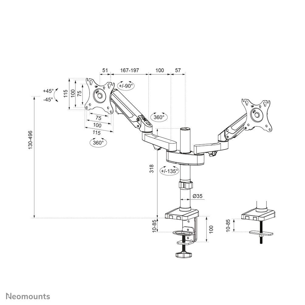 Rca Informatique - image du produit : NEWSTAR DESK POLE MOUNT (CLAMP/GROMMET) BLACK 17-27IN