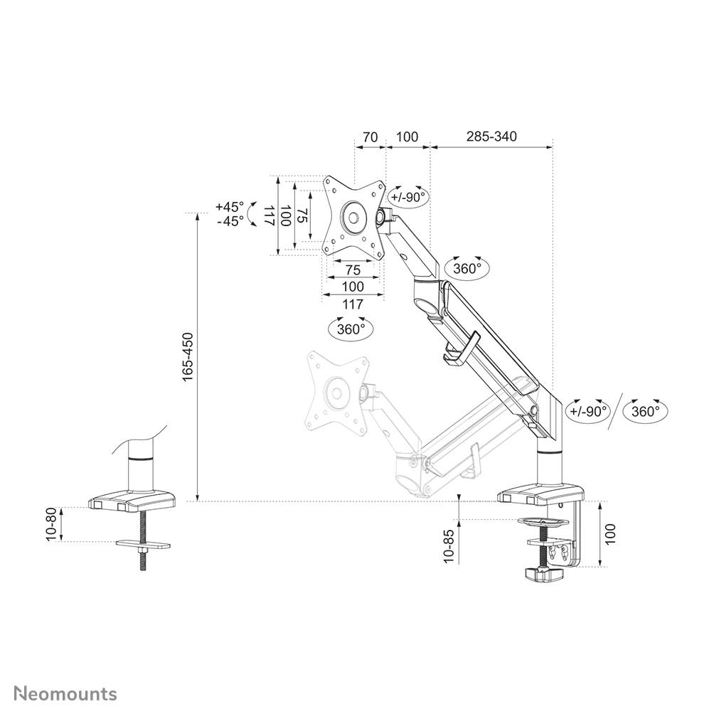 Rca Informatique - image du produit : NEWSTAR DESK MOUNT ULTRA FLAT (CLAMP/GROMMET) BLACK 17-27IN