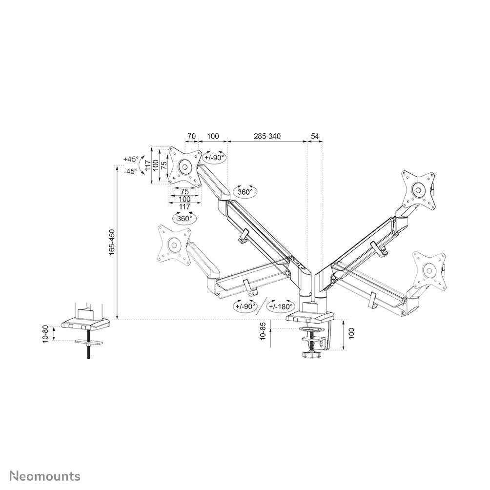 Rca Informatique - image du produit : NEWSTAR DESK MOUNT ULTRA FLAT (CLAMP/GROMMET) BLACK 17-27IN