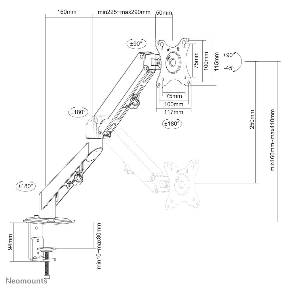 Rca Informatique - image du produit : NEWSTAR GAS SPRING DESK MOUNT (CLAMP/GROMMET) BLACK 17-27IN