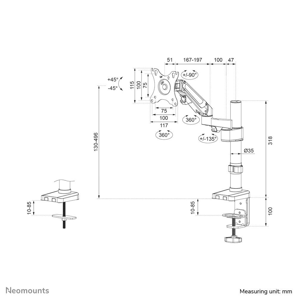 Rca Informatique - image du produit : NEWSTAR DESK POLE MOUNT (CLAMP/GROMMET) BLACK 17-27IN