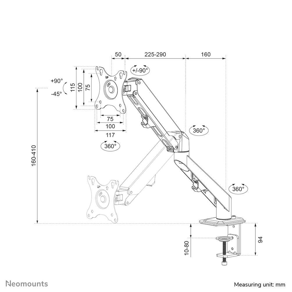 Rca Informatique - image du produit : NEWSTAR GAS SPRING DESK MOUNT (CLAMP/GROMMET) BLACK 17-27IN