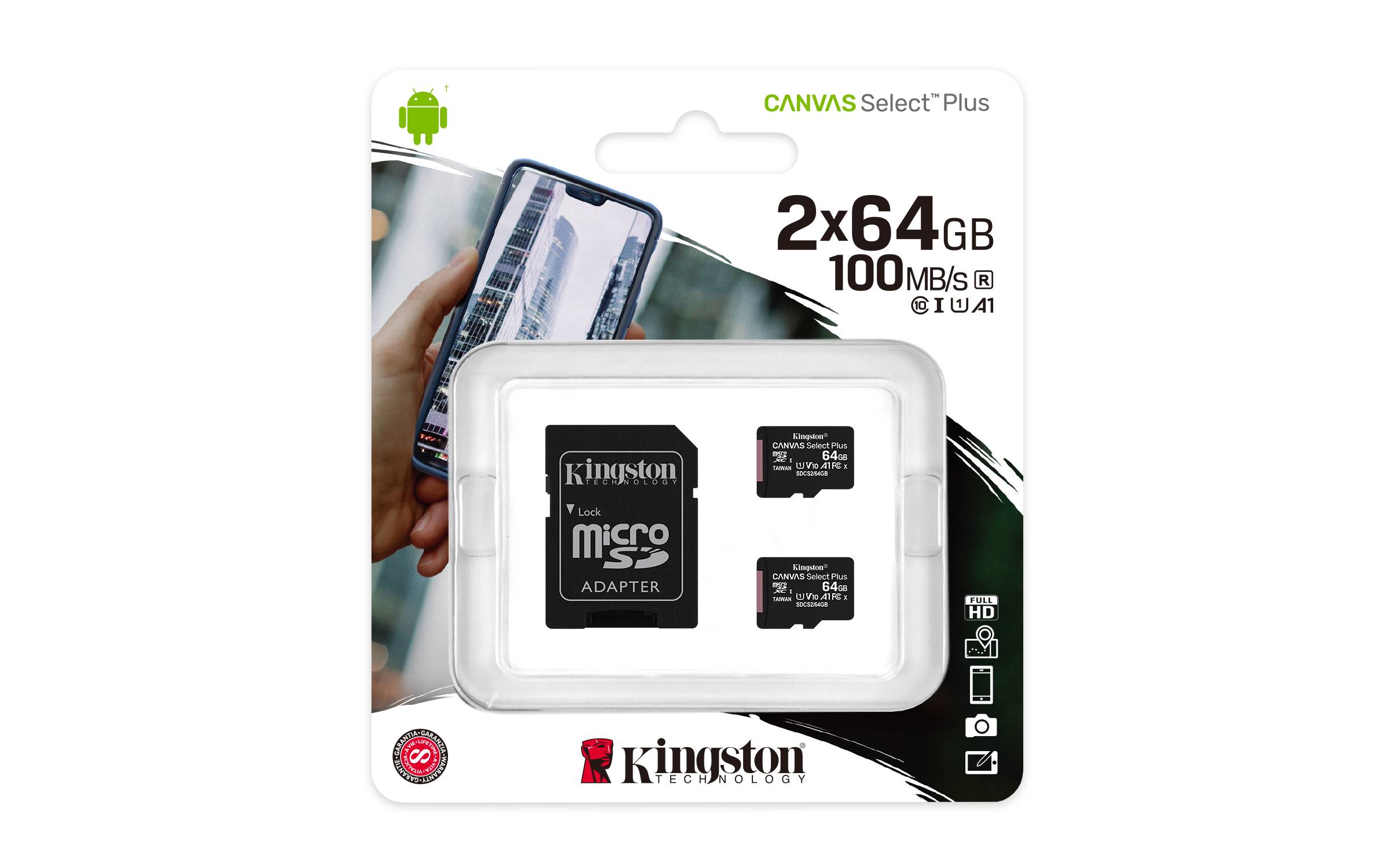 Rca Informatique - image du produit : 64GB MICROSDXC CANVAS SELECT 2P 2PC 100R A1 C10 CARD+SD ADAPTER