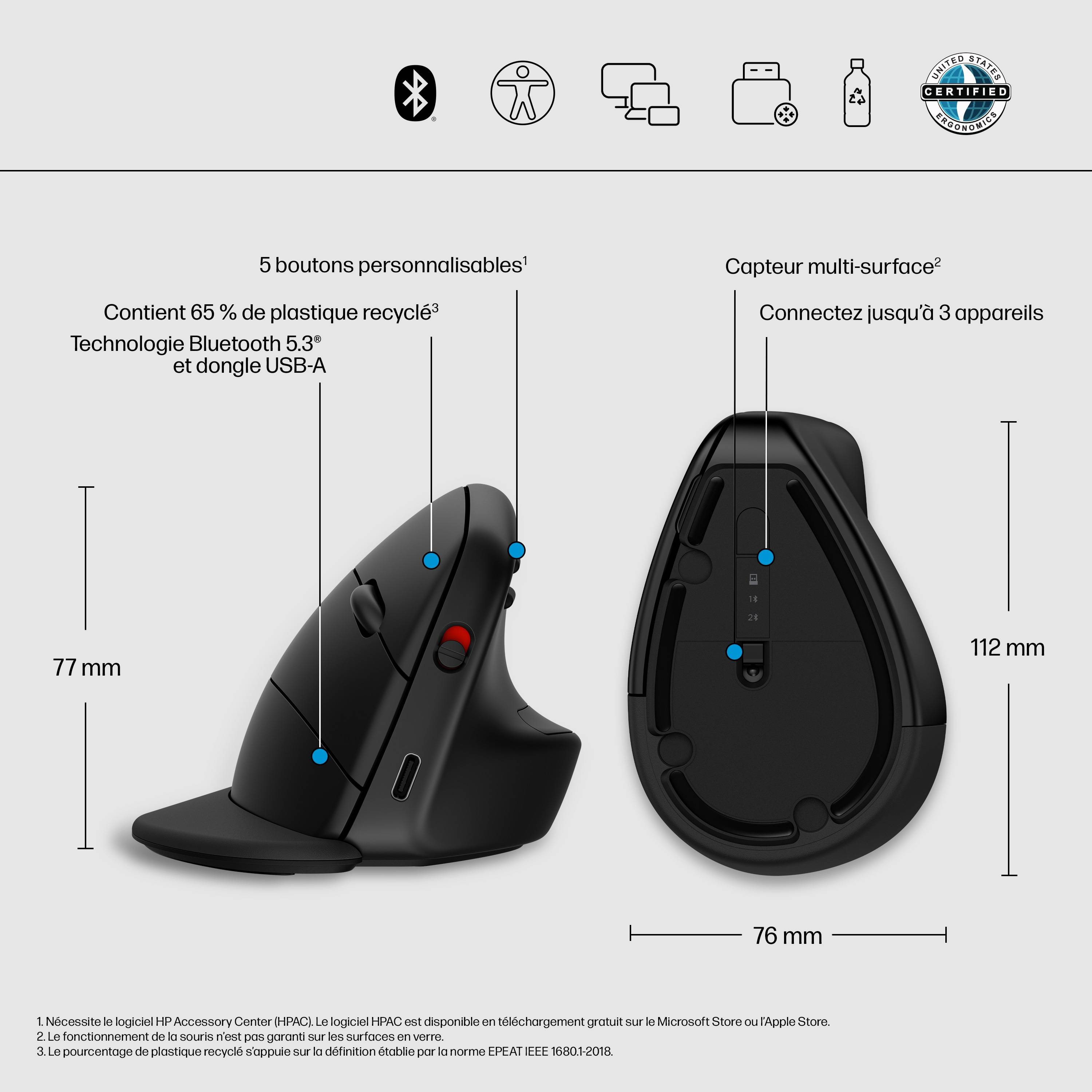 Rca Informatique - image du produit : HP 925 ERGO VRTCL WIRELESS MOUSE