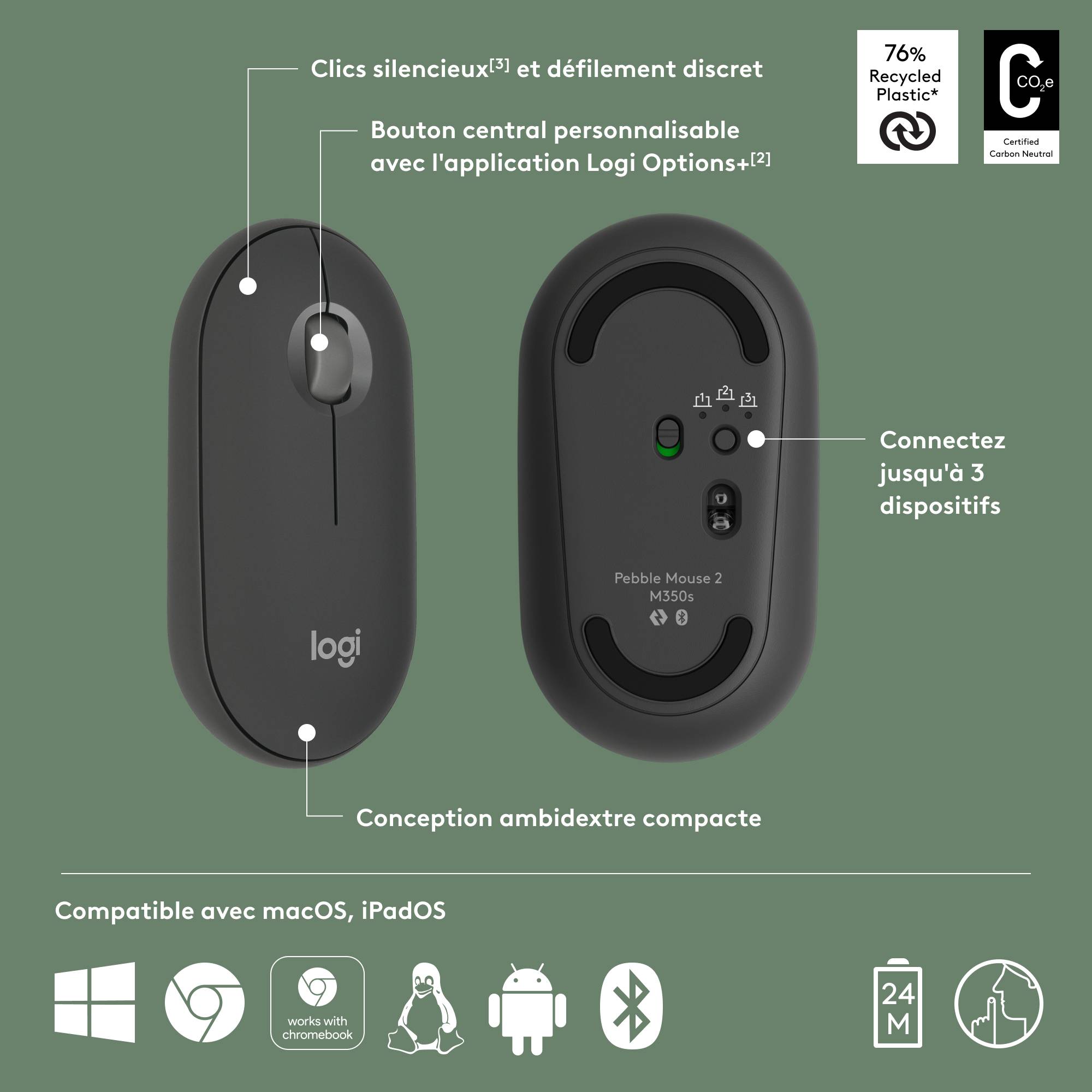 Rca Informatique - image du produit : PEBBLE MOUSE 2 M350S GRAPHITE TONAL BT N/A EMEA-808 DONGLELESS