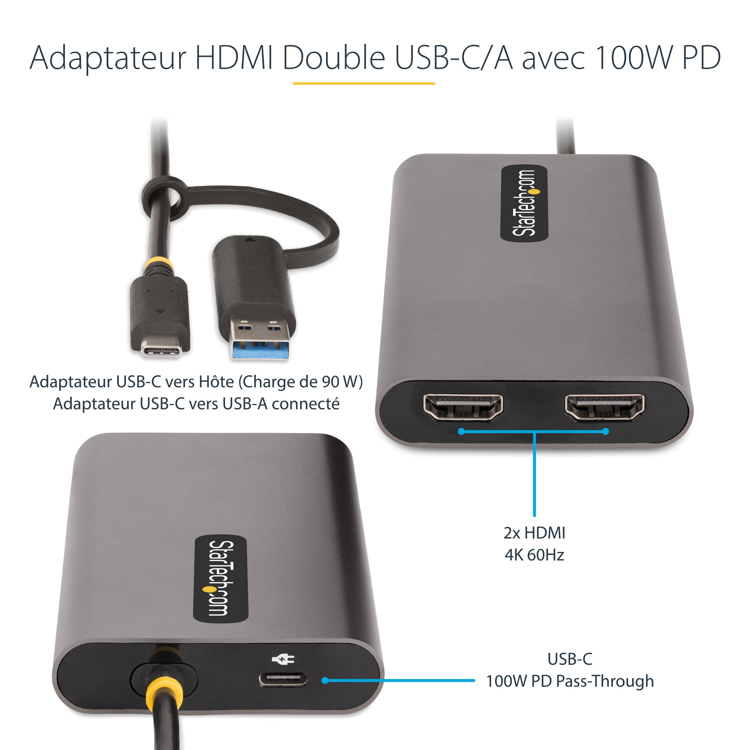 Rca Informatique - image du produit : USB-C TO DUAL-HDMI ADAPTER - USB TO HDMI CONVERTER 4K 60HZ PD