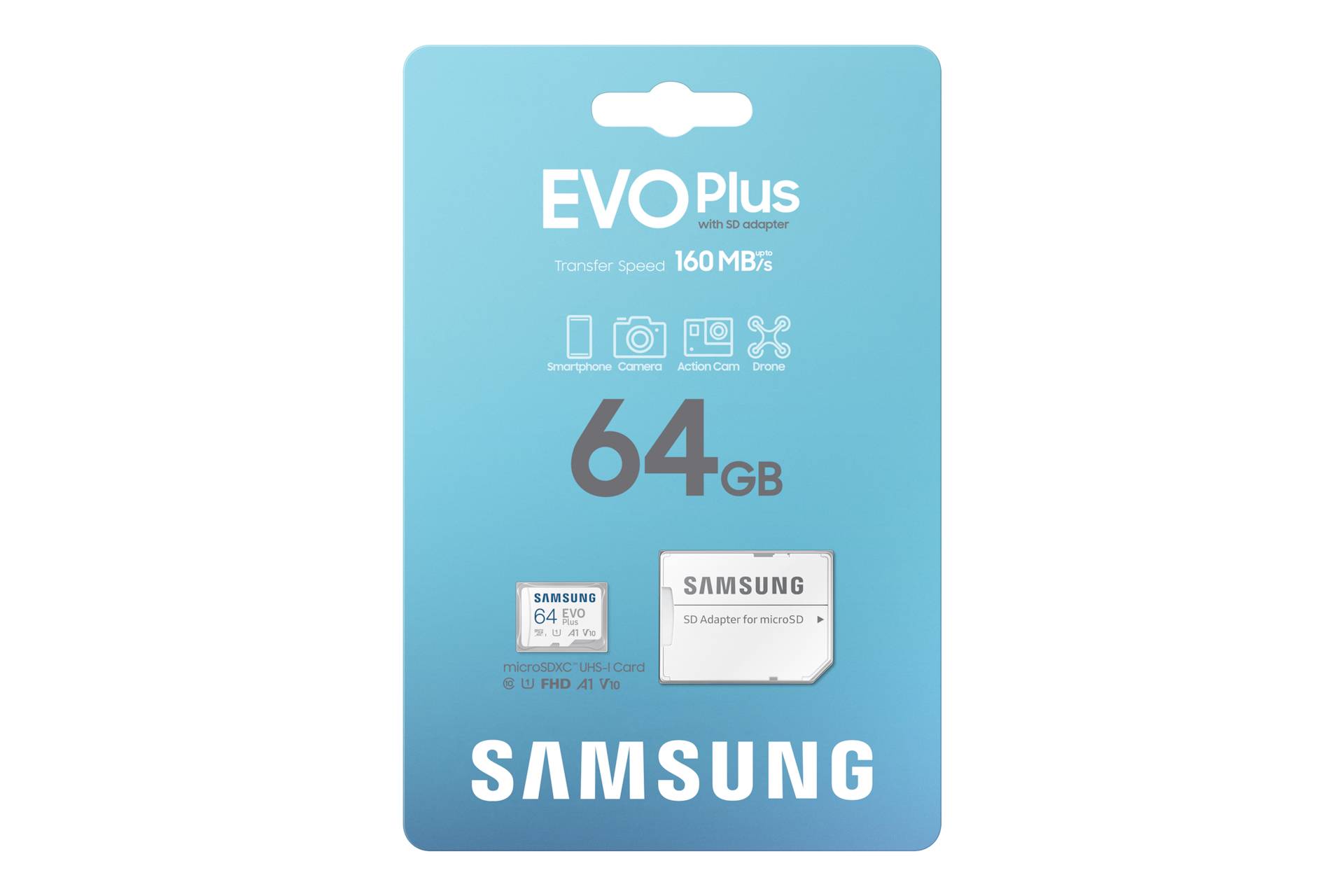 Rca Informatique - image du produit : EVO PLUS MICROSDXC UHS-I CARD WITH ADAPTER 64GB 160MB/S U1 V10