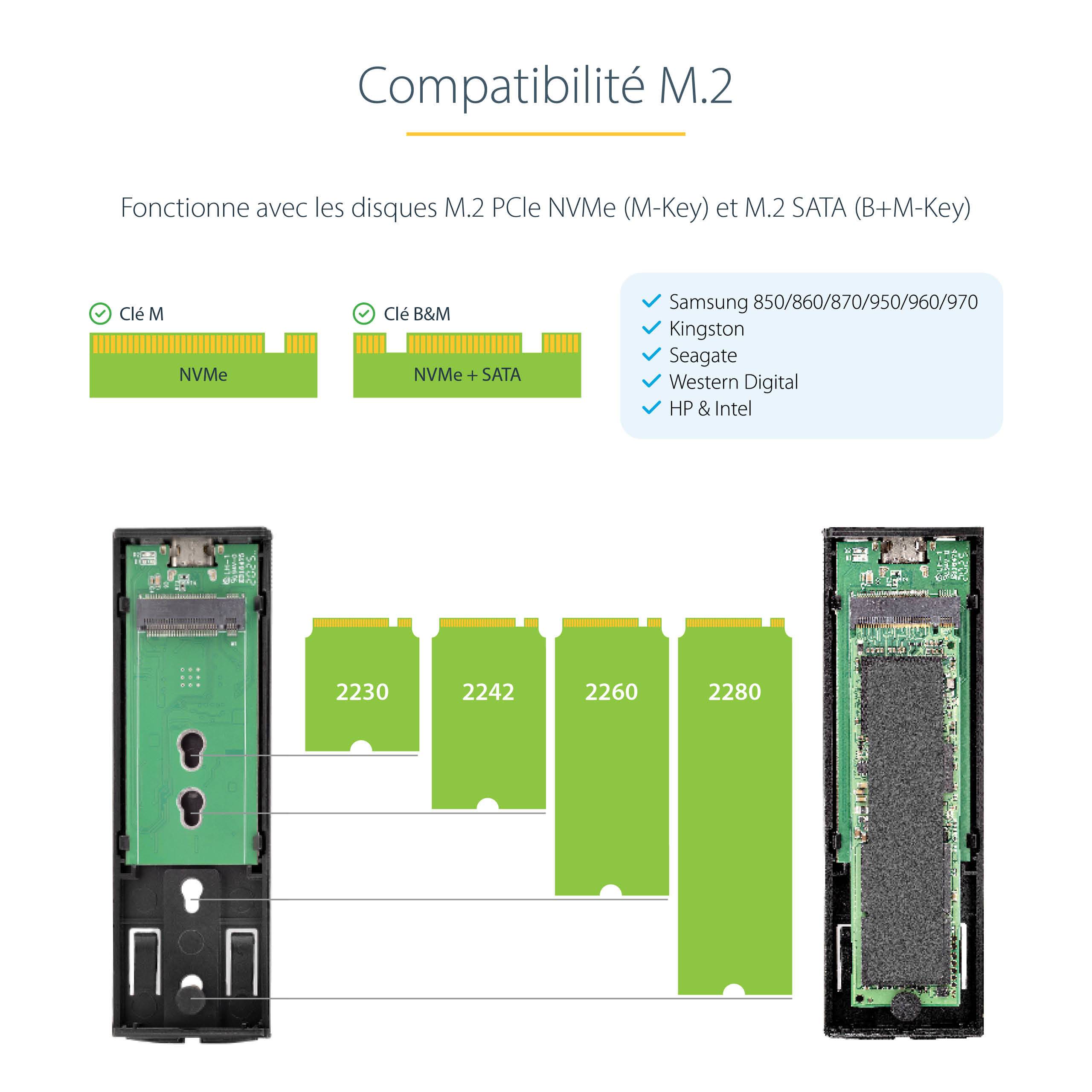 Rca Informatique - image du produit : BOITIER EXTERNE SSD M.2 NVME/S ATA - CABLES HOTES USB-C + USB A