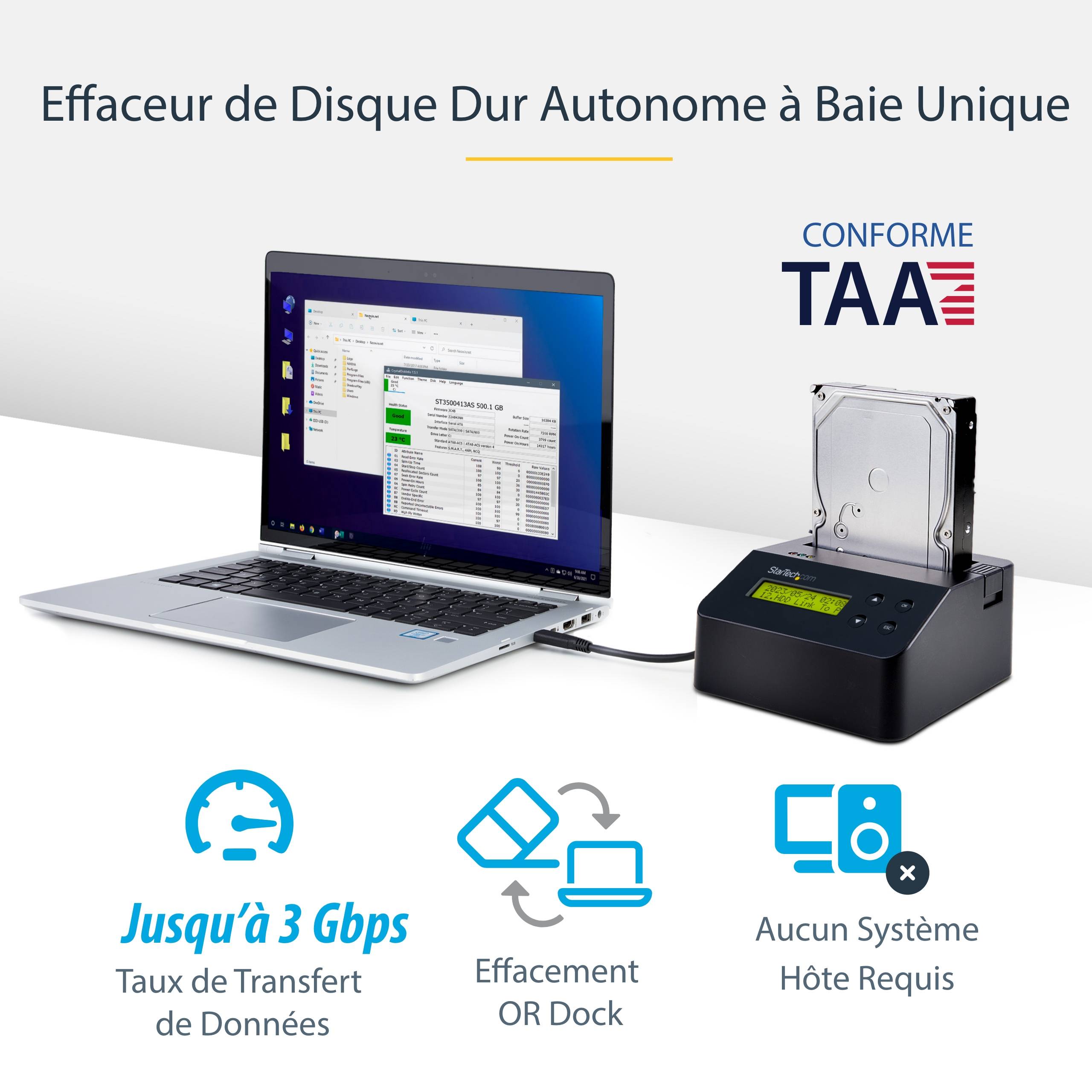 Rca Informatique - image du produit : STATION DACCUEIL ET EFFACEUR USB 3.0 POUR HDD / SDD SATA