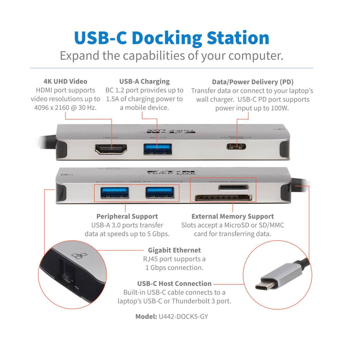 Rca Informatique - image du produit : USB-C PRT DOCK STATION HDMI 4K USB-A/C SD/MIC SD PD CHAR 3.0GRY