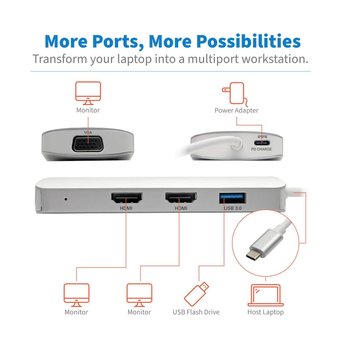 Rca Informatique - image du produit : USB-C DOCKING STATION TYPE-C X2 HDMI+VGA THUNDERB 3 PD CHARGE