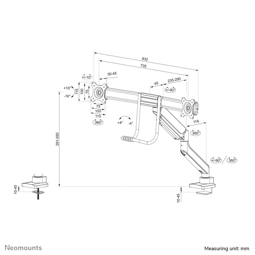 Rca Informatique - image du produit : NEOMOUNTS BY NEWSTAR SCREEN DESK MOUNT 2 SCREENS(TOPFIX CLAM