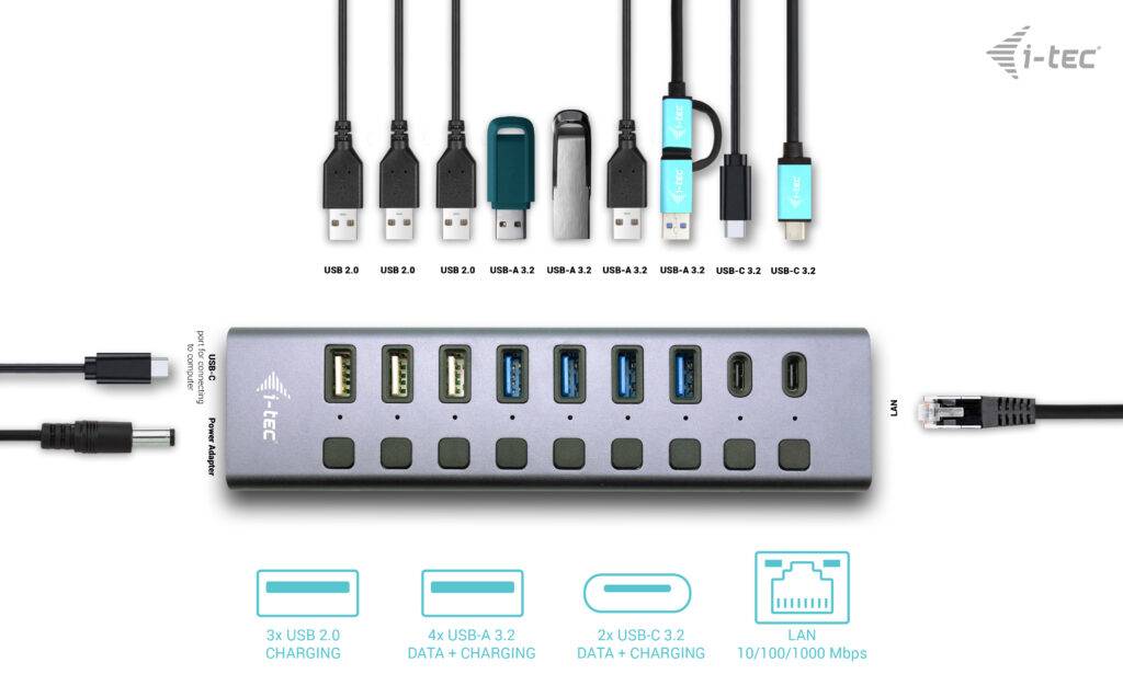 Rca Informatique - image du produit : I-TEC CHARGING HUB 9PORT LAN USB 3.0/USB-C POWER ADAPTER 60W