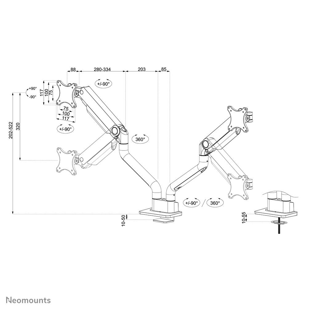 Rca Informatique - image du produit : NEOMOUNTS SELECT DESK MOUNT DOUBLE DISPLAY (TOPFIX CLAMP/GRO